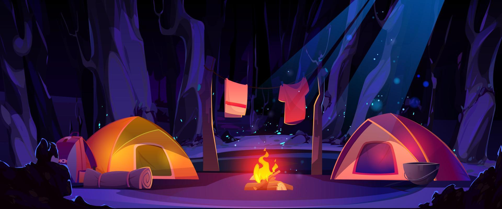 estate campo nel notte foresta cartone animato illustrazione vettore