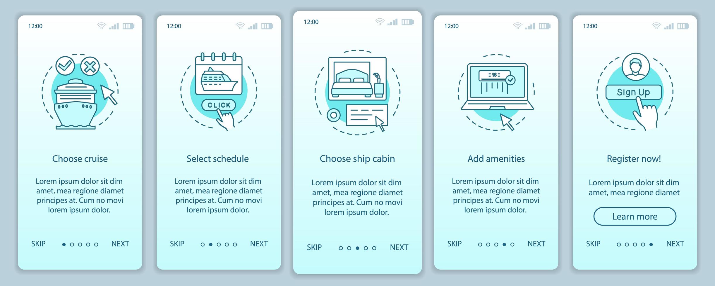 pagina dell'app mobile per la prenotazione di crociere online vettore
