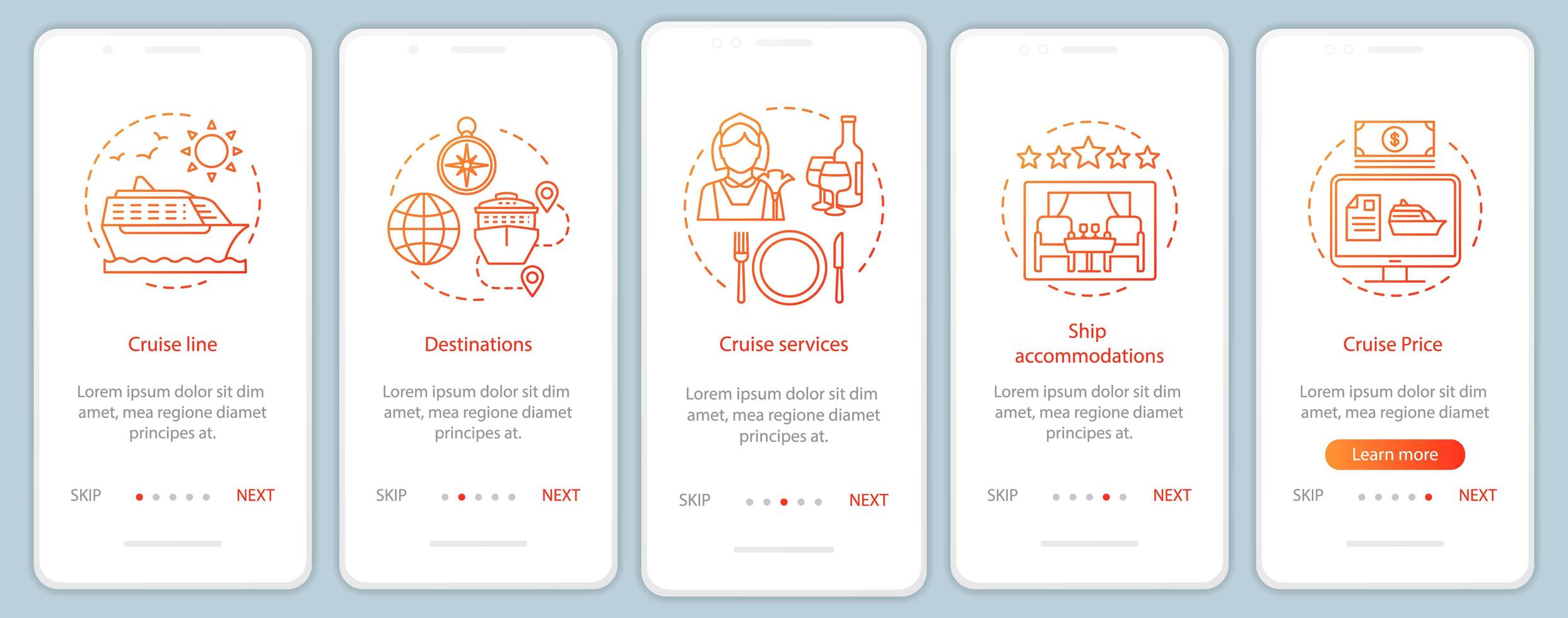 pagina dell'app per dispositivi mobili di onboarding con informazioni sulla crociera vettore