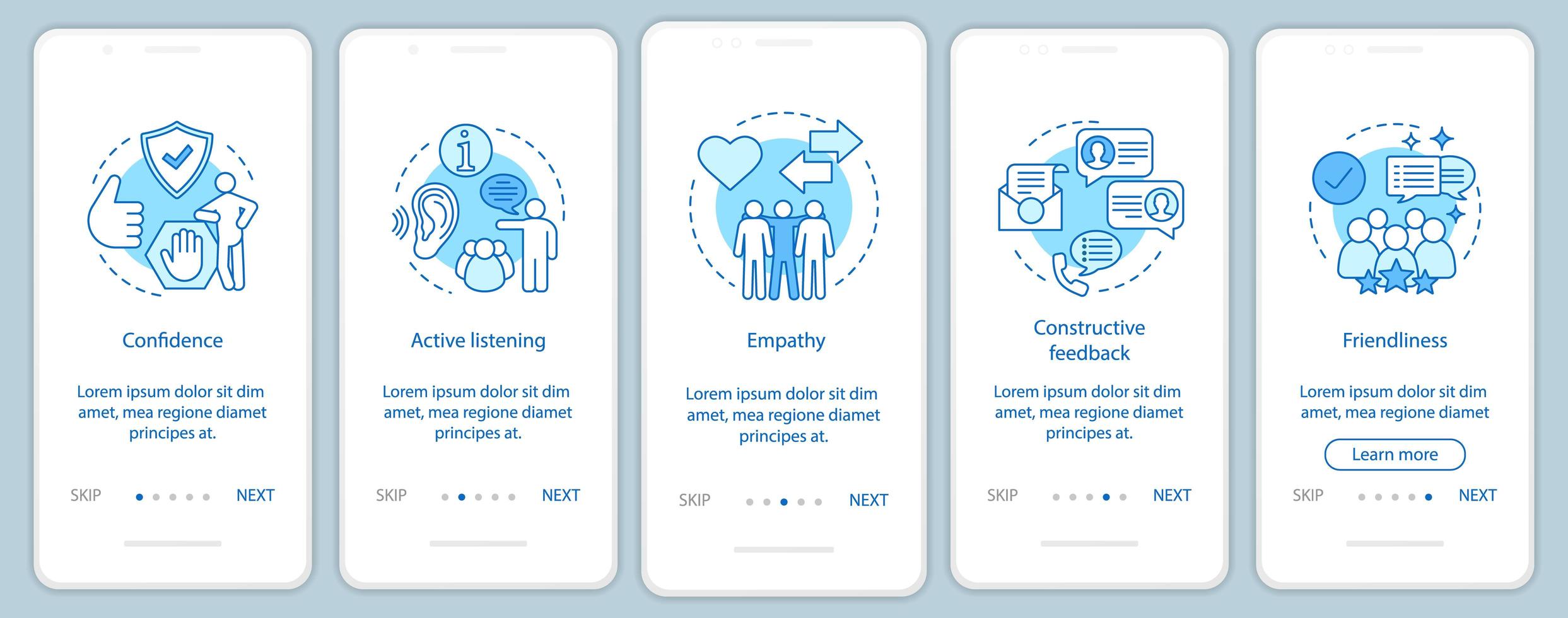 pagina dell'app mobile per l'onboarding delle qualità morbide dei dipendenti vettore