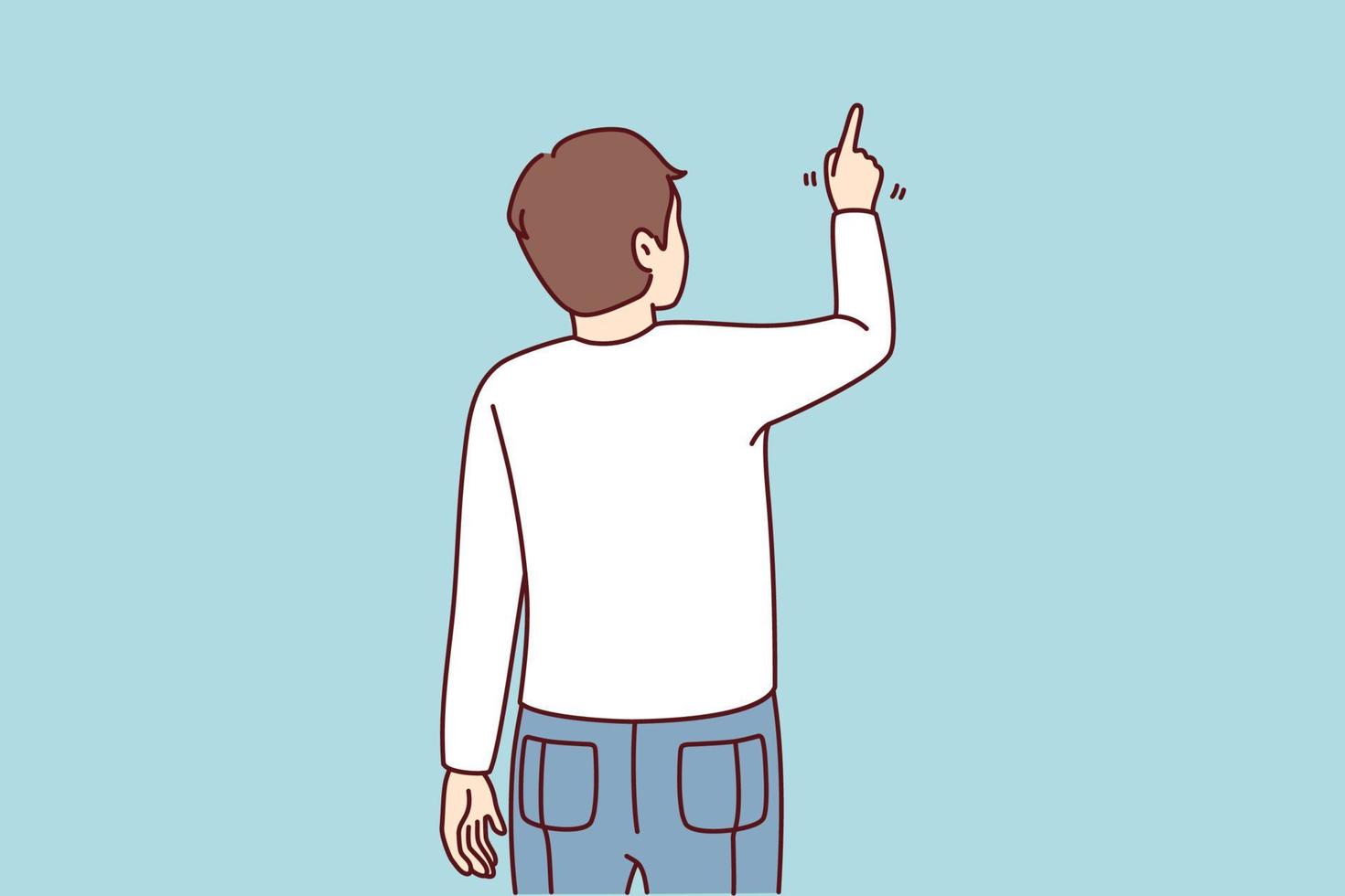 indietro Visualizza di uomo puntamento a parete con dito. tipo mostrando con dito su vuoto spazio. vettore illustrazione.