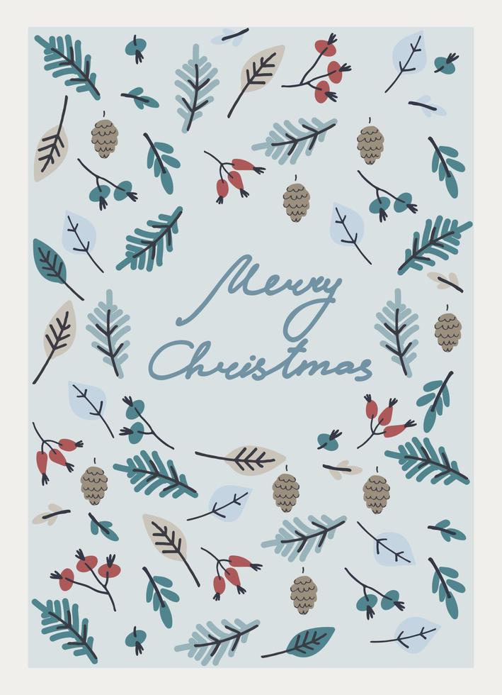 allegro Natale saluto carta modello. minimalista design con ramo disposizione. ramoscelli con le foglie e frutti di bosco nel un' tazza, fiocchi di neve, mano lettering su blu sfondo vettore