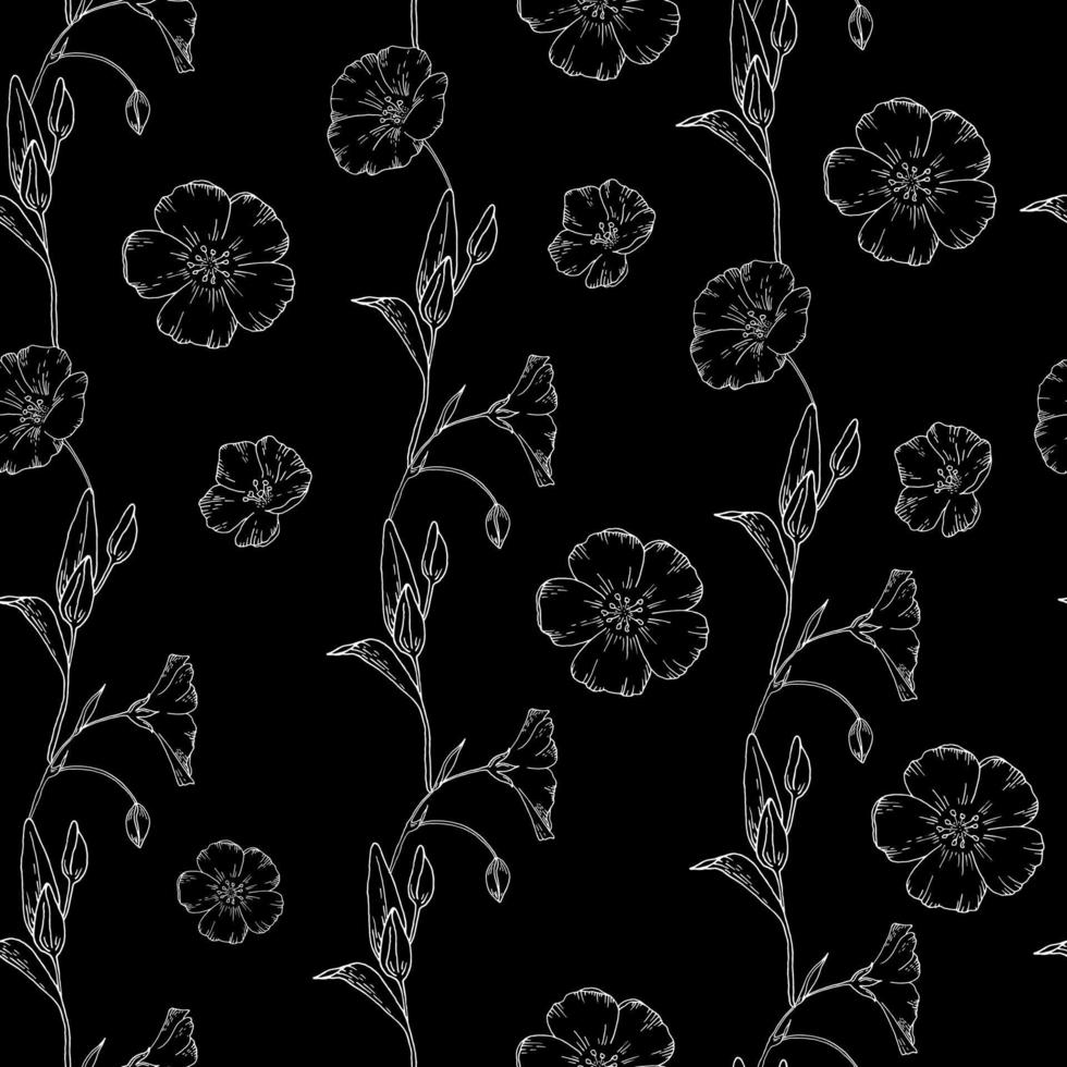 vettore senza soluzione di continuità modello di lineare immaginato lino fiori. nero e bianca scarabocchio stile. moderno design per vestiario, confezione, carta, coperchio, tessuto, interno arredamento