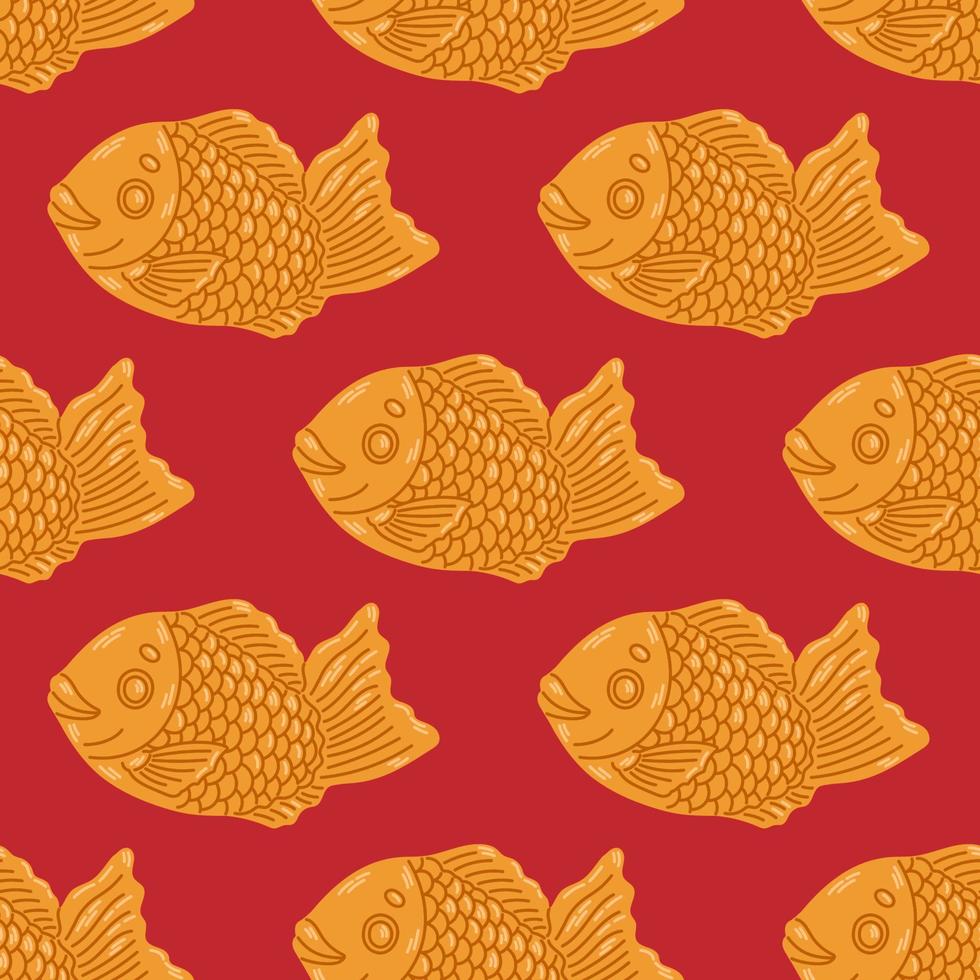 taiyaki senza soluzione di continuità modello. a forma di pesce torta con rosso fagiolo Riempimento. giapponese strada cibo. cartone animato vettore illustrazione.