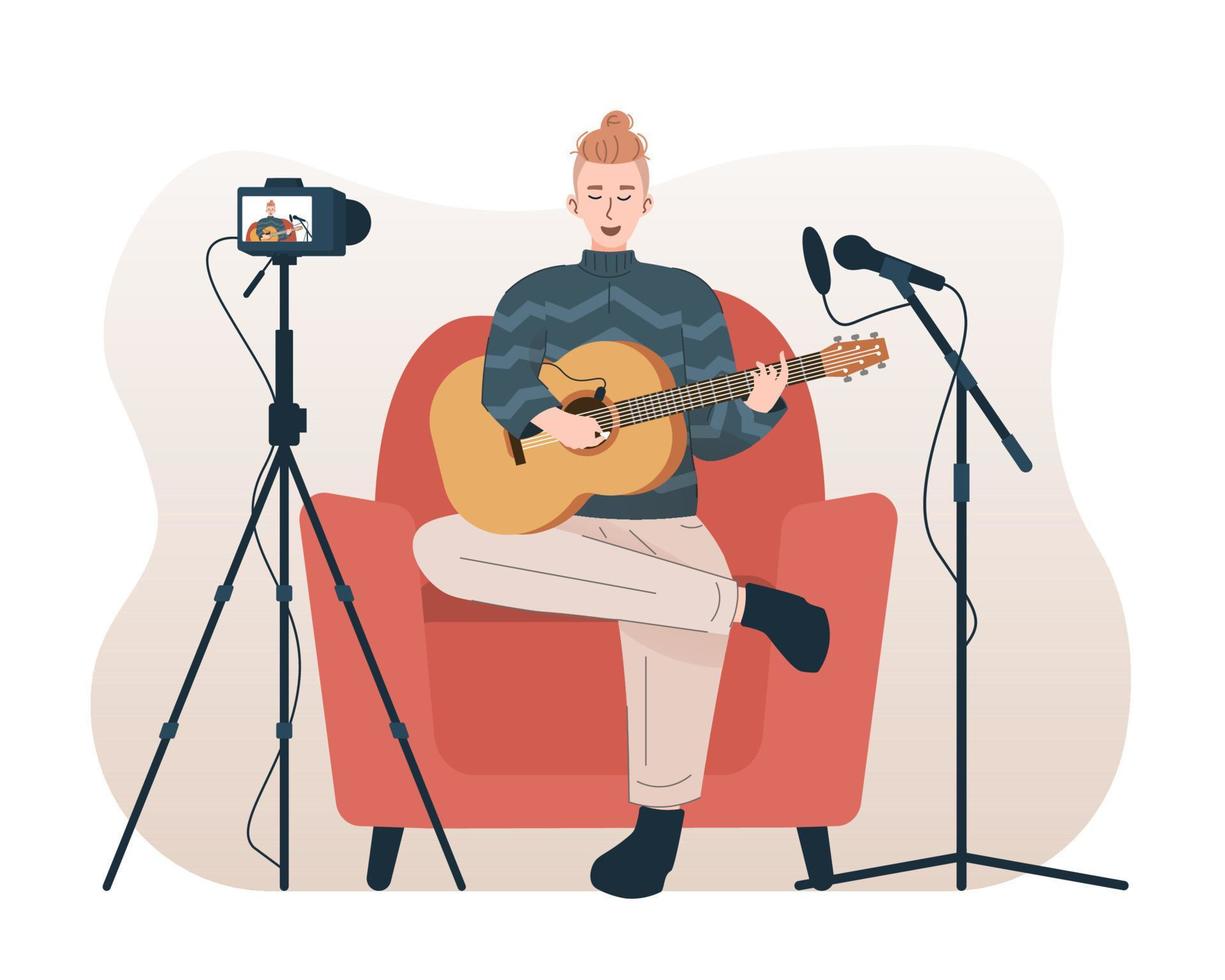 uomo cantando e giocando acustico chitarra mentre registrazione video utilizzando telecamera e microfono. maschio cantante fare copertina canzone per il suo in linea video canale vettore