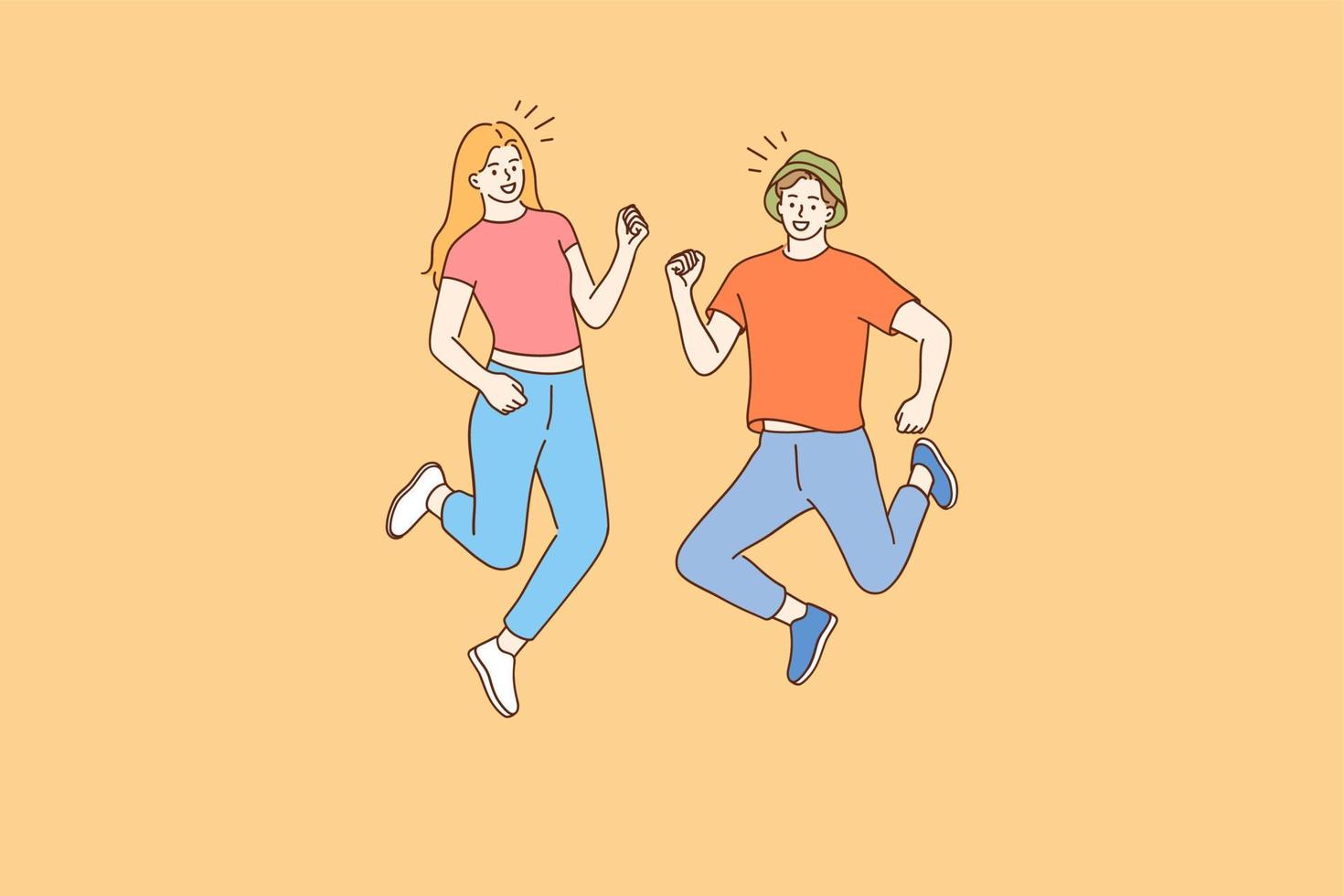 salto adolescenti, felicità, avendo divertimento concetto. contento ragazzo e ragazza fratello sorella o amici salto insieme e avendo divertimento. estate divertimento tempo libero attività a fine settimana vacanza illustrazione vettore