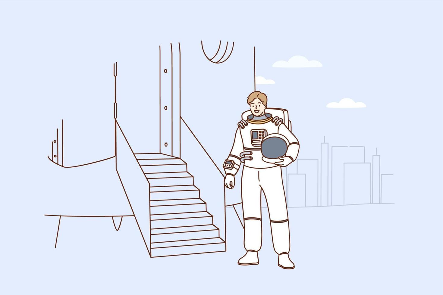astronomia e pianeta esplorazione concetto. sorridente uomo astronauta cartone animato personaggio nel completo da uomo entrata navicella spaziale per prendere via a piedi in razzo pronto per lancio vettore illustrazione