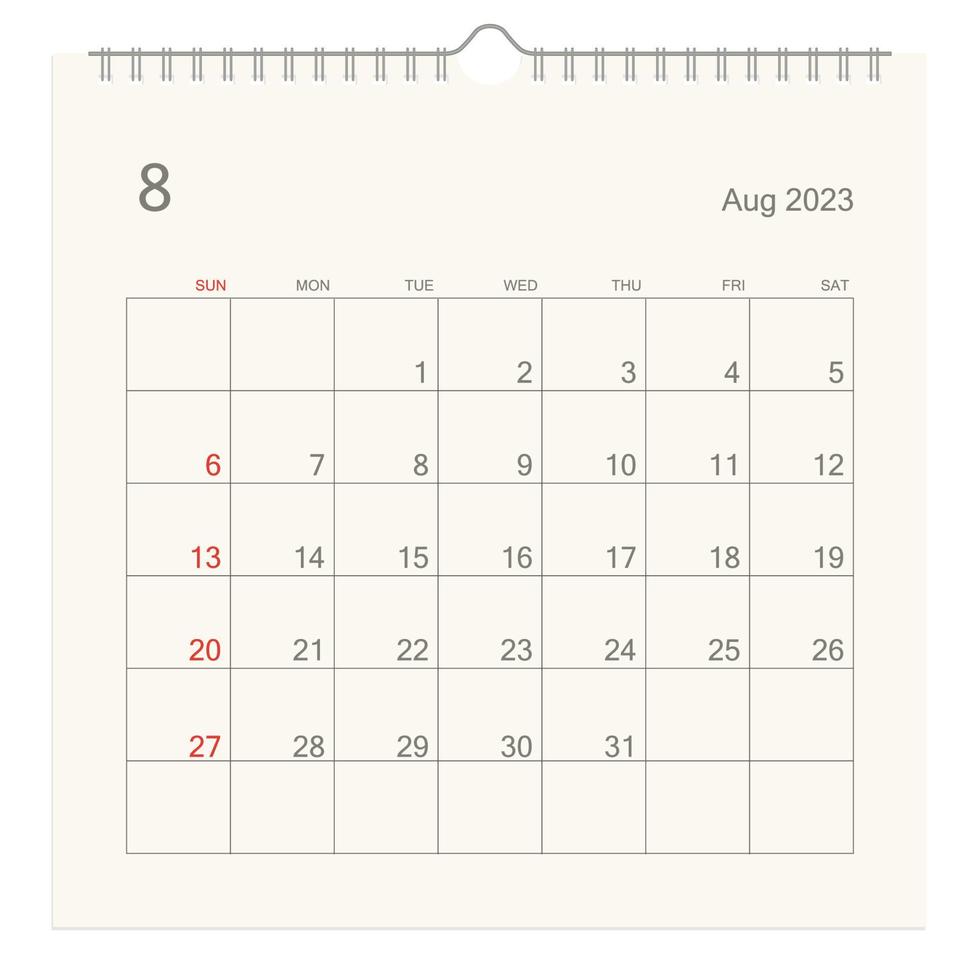 agosto 2023 calendario pagina su bianca sfondo. calendario sfondo per promemoria, attività commerciale pianificazione, appuntamento incontro e evento. settimana inizia a partire dal domenica. vettore. vettore