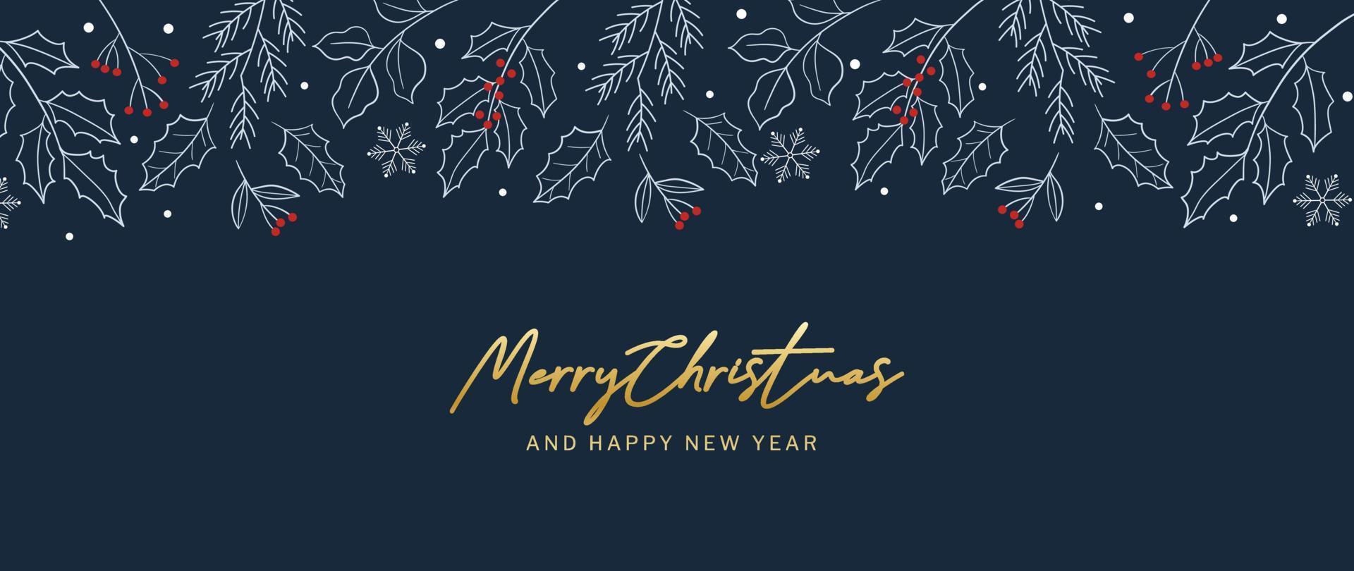 lusso Natale e contento nuovo anno concetto sfondo vettore. elegante bianca Natale inverno foglia ramo linea arte, agrifoglio, pino foglia su buio blu sfondo. design per sfondo, carta, coperchio, manifesto. vettore