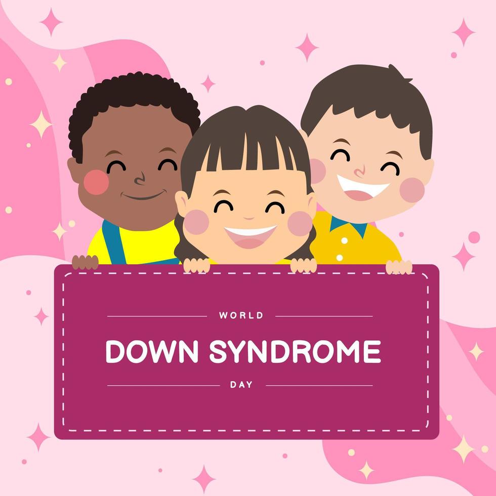 felice tre bambini con sindrome di down tenere banner vettore