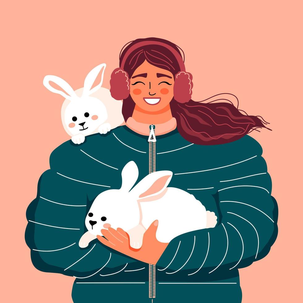 donna Tenere un' conigli. ragazza nel il inverno giacca. lepre, coniglietto -simbolo di il Cinese nuovo anno 2023. vettore illustrazione