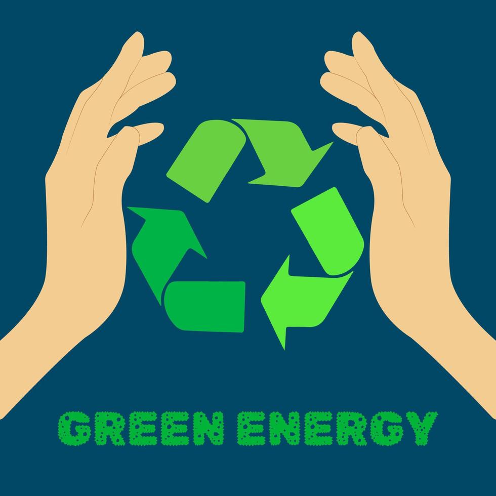 icona, etichetta, pulsante su il tema di Salvataggio terra con mani Tenere icona rinnovabile formica testo verde energia su blu sfondo vettore