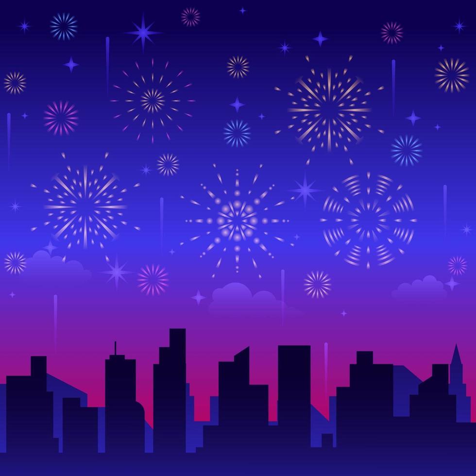 fuochi d'artificio blu con silhouette della città vettore