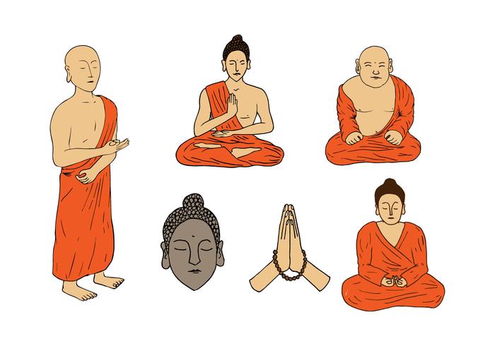 monaci e buddah vettori disegnati a mano