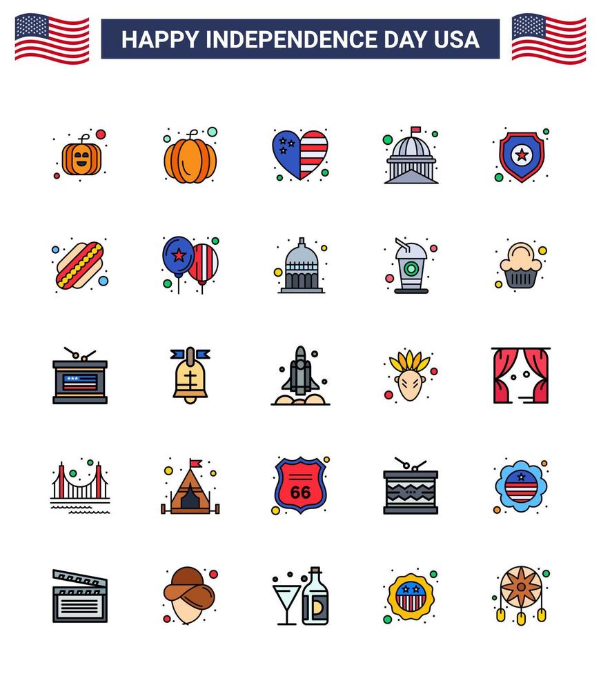 Stati Uniti d'America contento indipendenza pictogram impostato di 25 semplice piatto pieno Linee di hot dog cartello Casa stella scudo modificabile Stati Uniti d'America giorno vettore design elementi