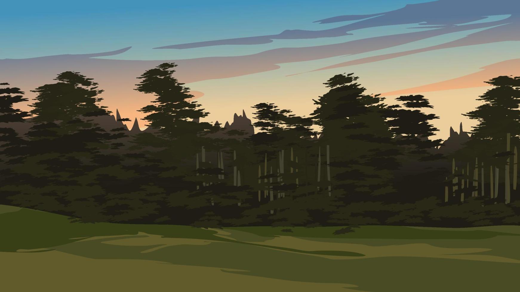 foresta e prato a tramonto paesaggio illustrazione. vettore scenario illustrazione