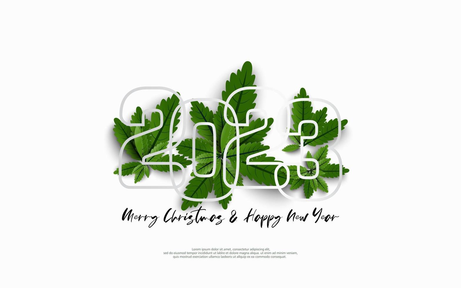 contento nuovo anno 2023 e allegro Natale giorno. design numero schema su gruppo di verde le foglie su bianca sfondo. vettore