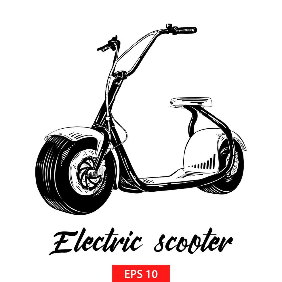 vettore inciso stile illustrazione per manifesti, decorazione e Stampa. mano disegnato schizzo di elettrico scooter nel nero isolato su bianca sfondo. dettagliato Vintage ▾ acquaforte stile disegno.