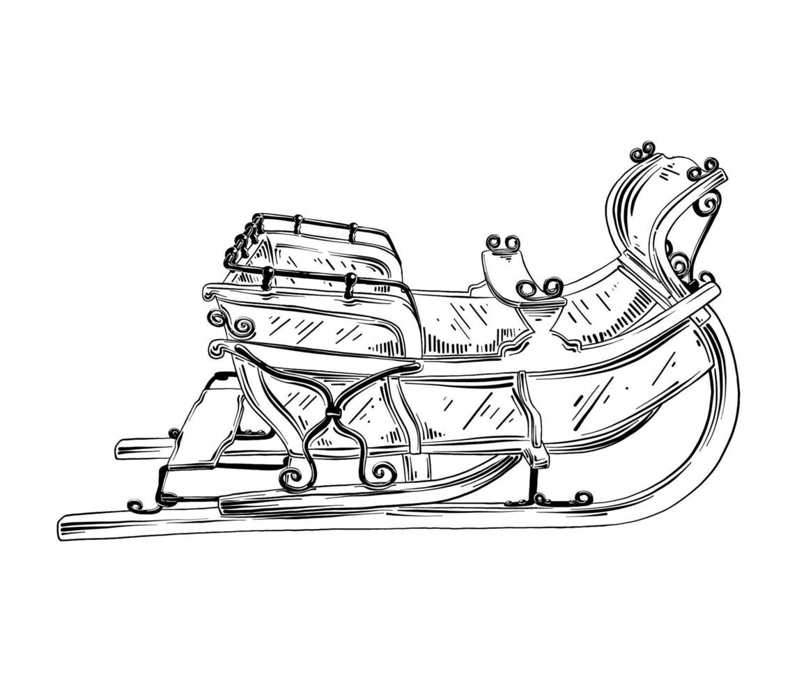 vettore inciso stile illustrazione per manifesti, decorazione e Stampa. mano disegnato schizzo di Natale slitta nel nero isolato su bianca sfondo. dettagliato Vintage ▾ acquaforte stile disegno.