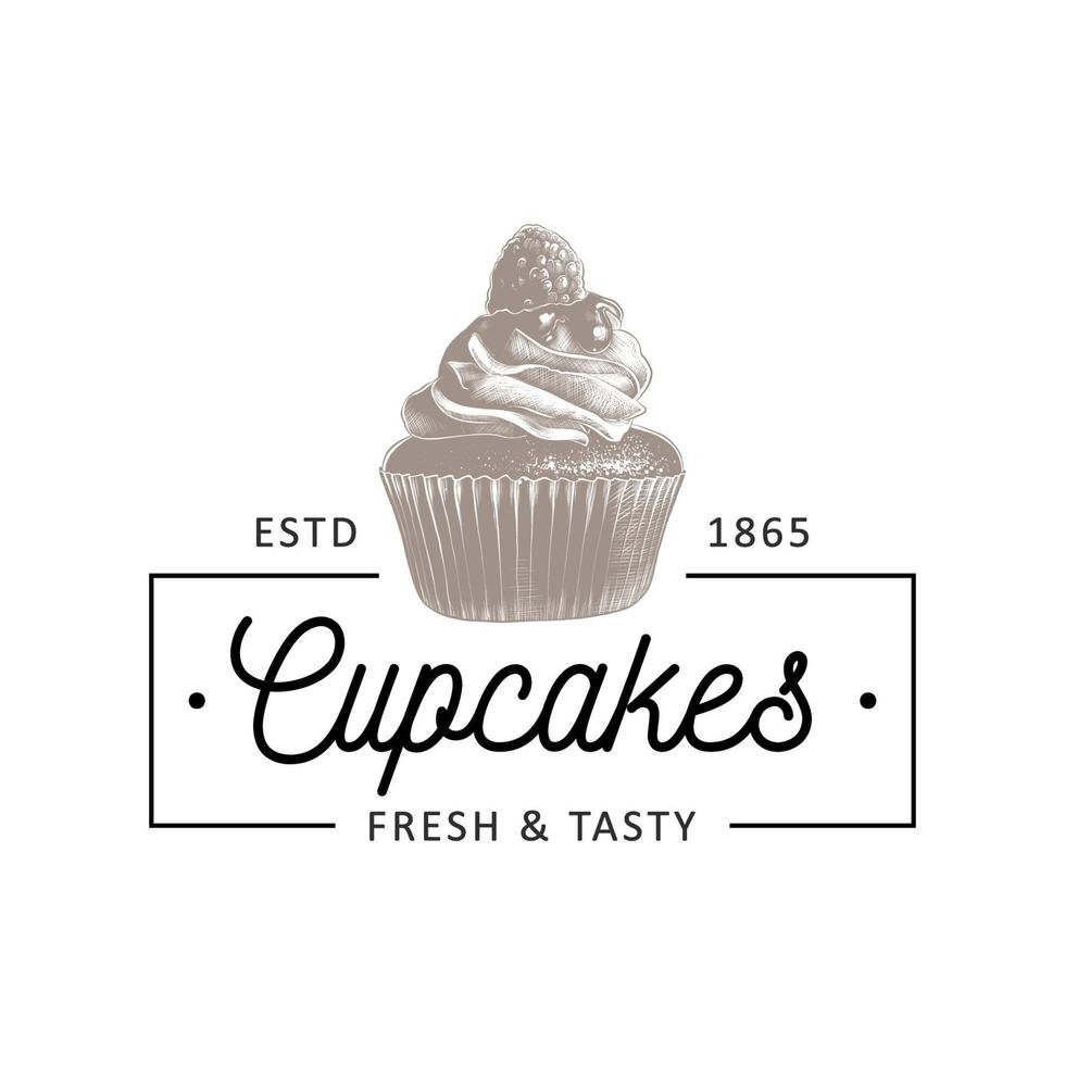 Vintage ▾ stile forno negozio semplice etichetta, distintivo, emblema, logo modello. grafico cibo arte con inciso Cupcake design vettore elemento con tipografia. mano disegnato Pasticcino su bianca sfondo.