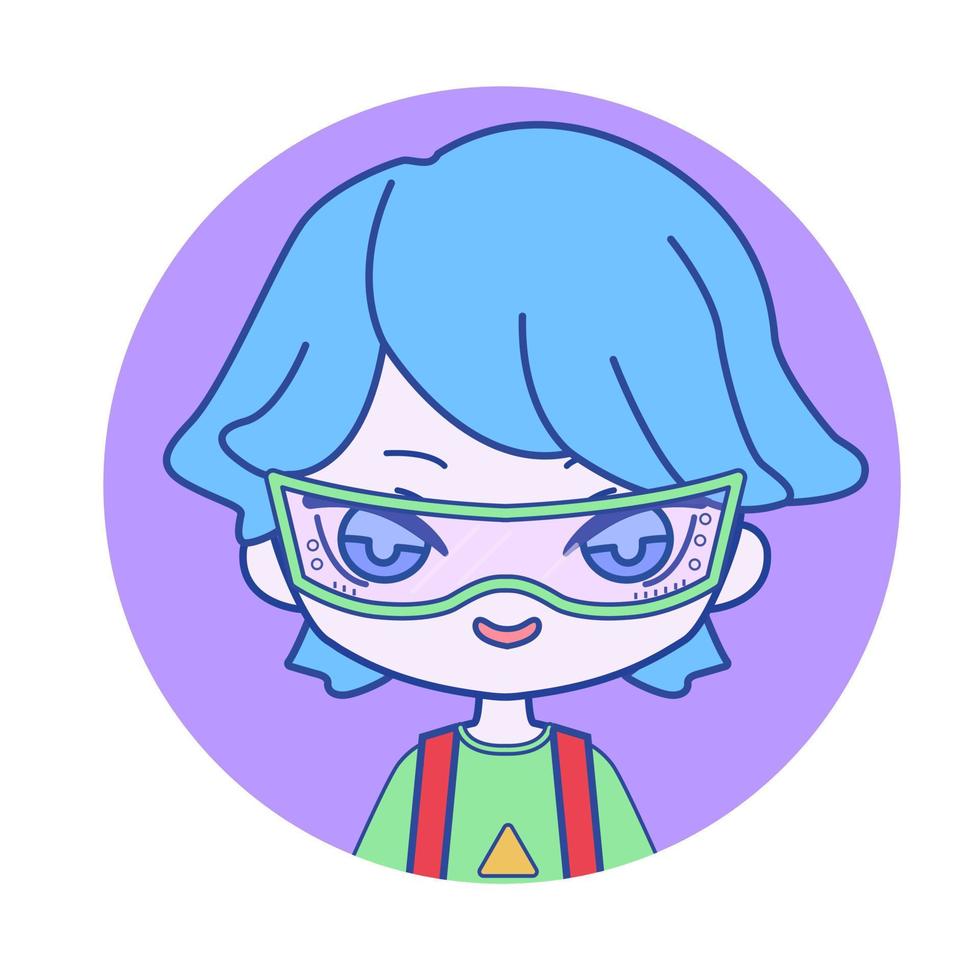di moda chibi ritratto di cyberpunk ragazzo con blu capelli e futuristico bicchieri vettore