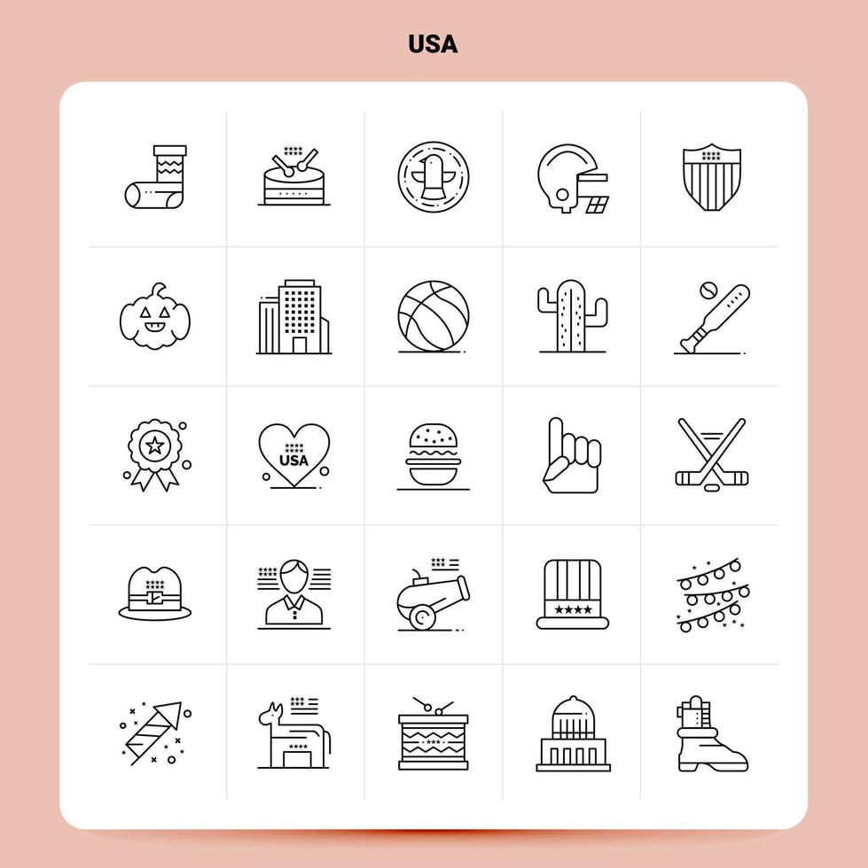 schema 25 Stati Uniti d'America icona impostato vettore linea stile design nero icone impostato lineare pittogramma imballare ragnatela e mobile attività commerciale idee design vettore illustrazione