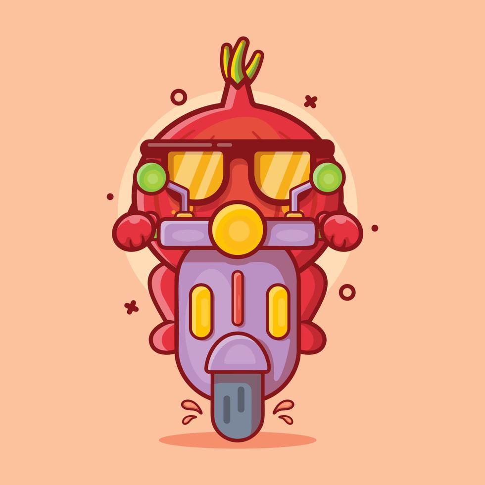 divertente cipolla personaggio portafortuna equitazione scooter isolato cartone animato nel piatto stile design vettore