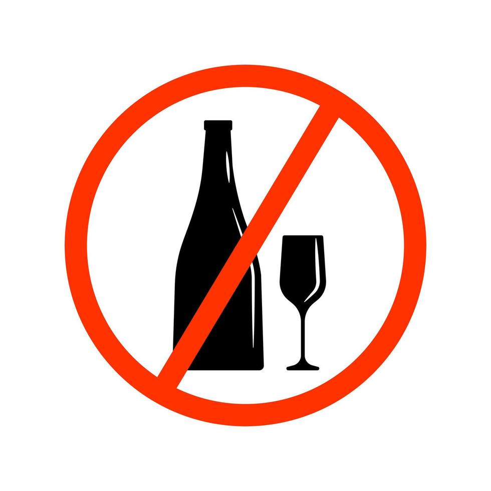 un' impostato di nero sagome di un' bottiglia e un' bicchiere nel un' rosso attraversato su cerchio. vettore clip arte isolato su bianca. alcool bandire illustrazione