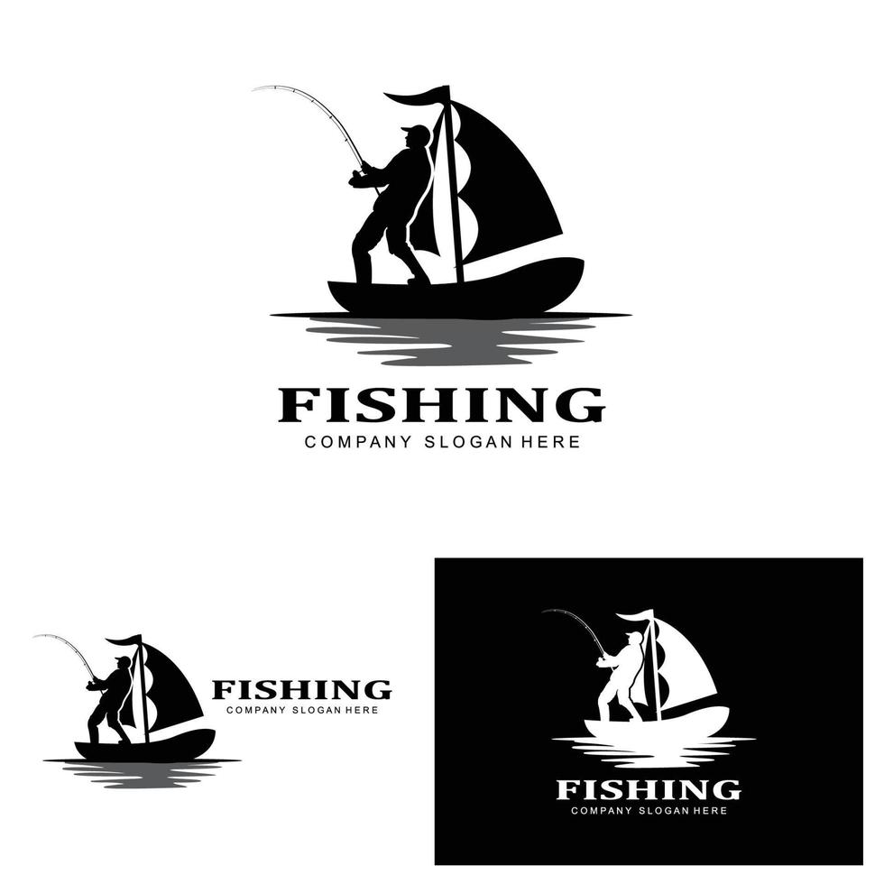 vettore icona logo pesca, pescare pesce sulla barca, design silhouette tramonto all'aperto