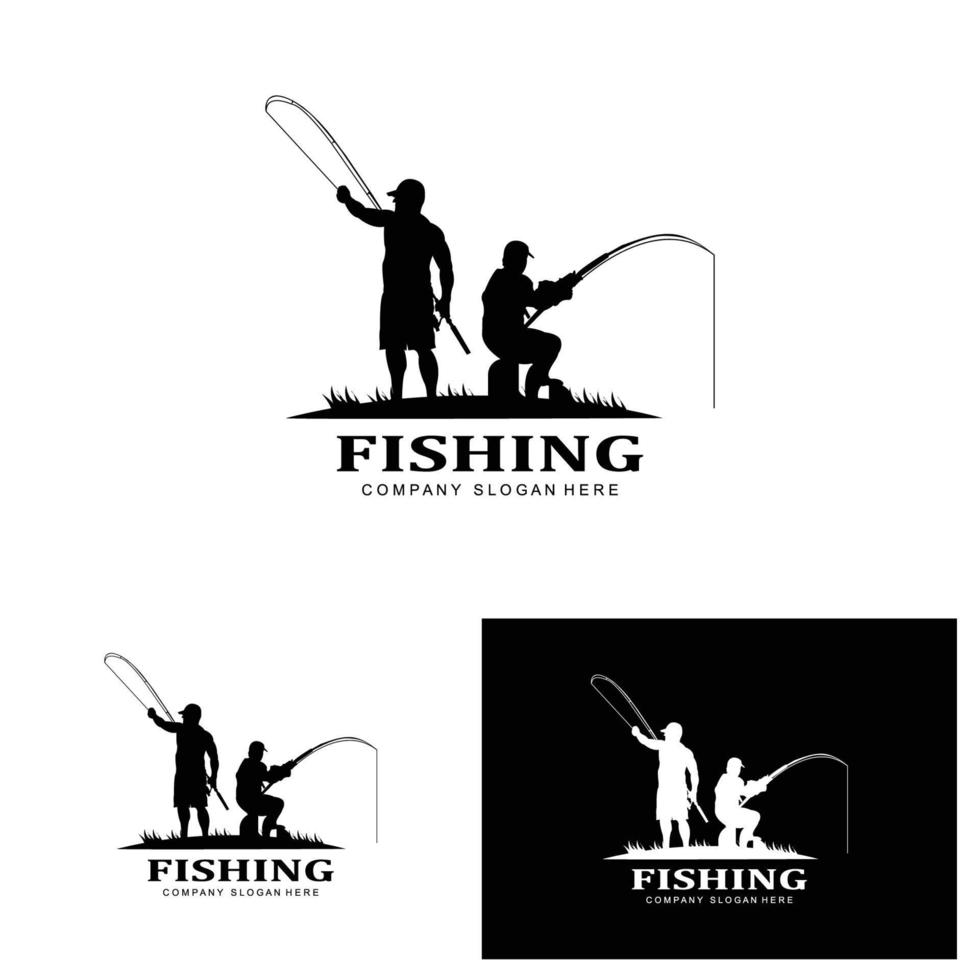 vettore icona logo pesca, pescare pesce sulla barca, design silhouette tramonto all'aperto