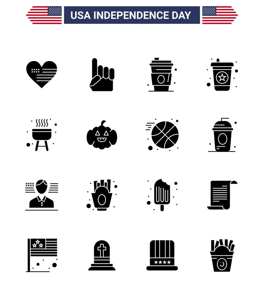 solido glifo imballare di 16 Stati Uniti d'America indipendenza giorno simboli di cucinare barbecue alcool bibita bevanda modificabile Stati Uniti d'America giorno vettore design elementi