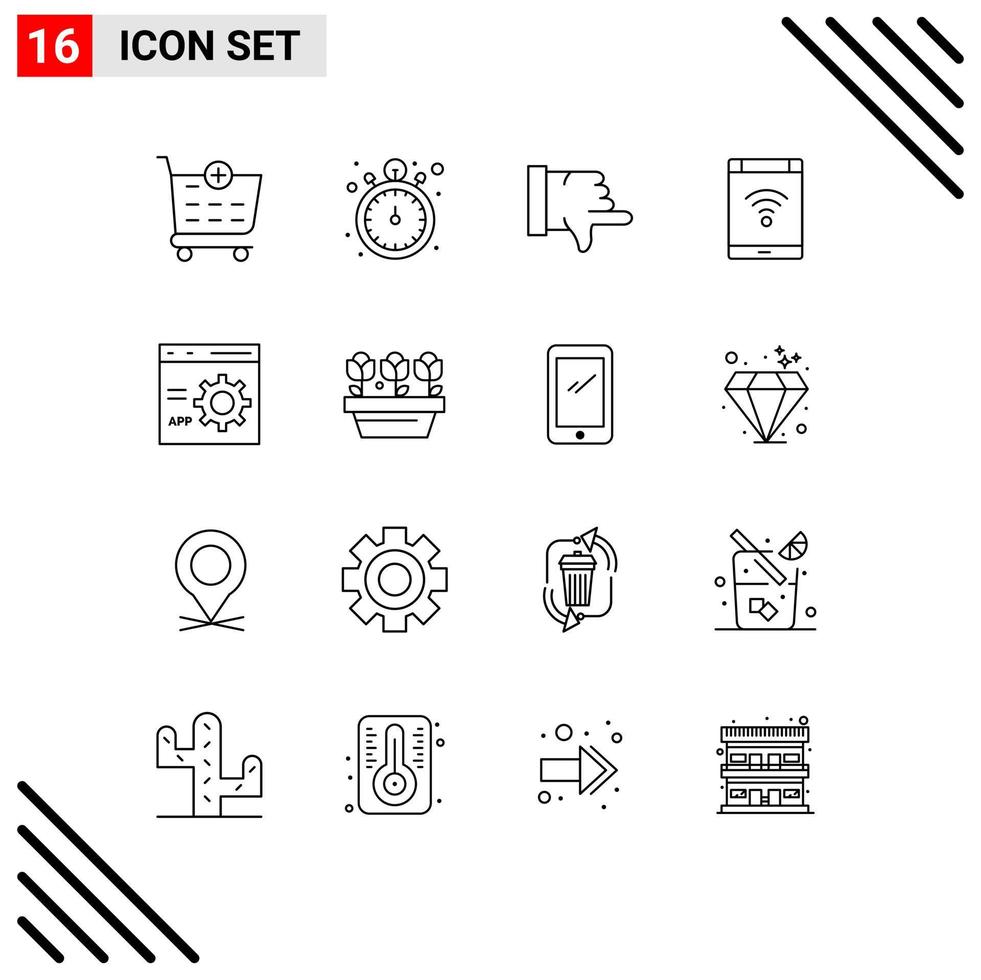 impostato di 16 moderno ui icone simboli segni per sviluppare del browser pollici giù smartphone Rete modificabile vettore design elementi