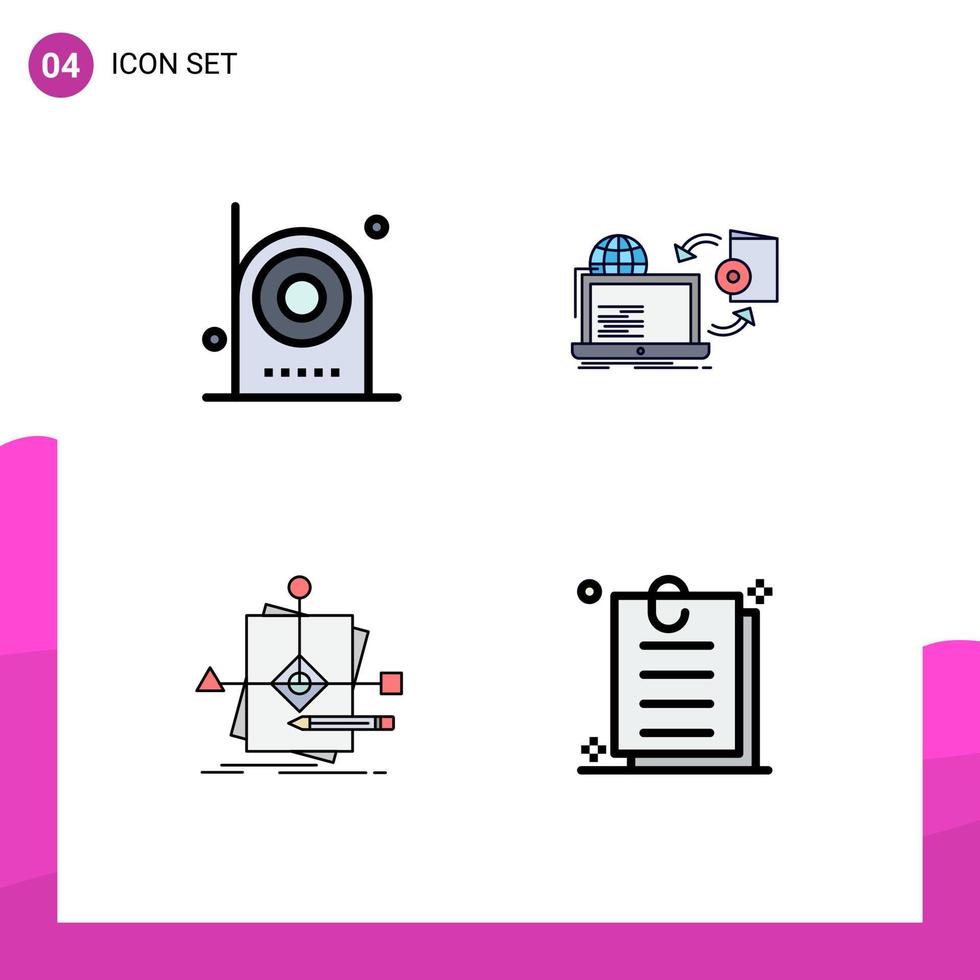 pittogramma impostato di 4 semplice riga piena piatto colori di telecamera editoriale elettronico in linea attività commerciale modificabile vettore design elementi