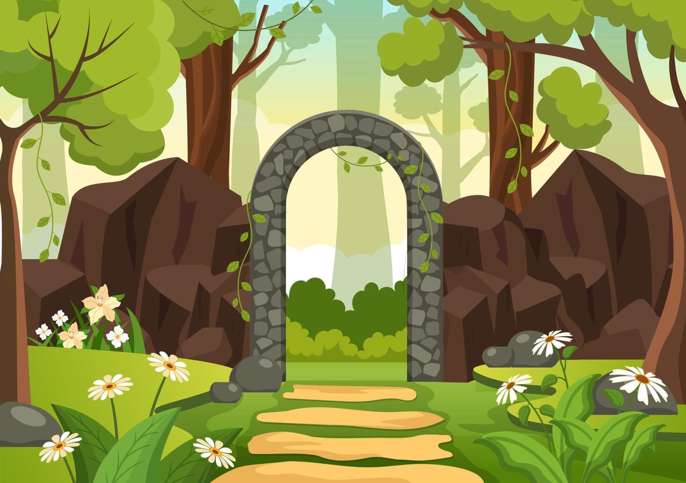portale con estate paesaggio pietra arco Ingresso per pubblico parco, verde erba o giardino nel piatto cartone animato mano disegnato modello illustrazione vettore