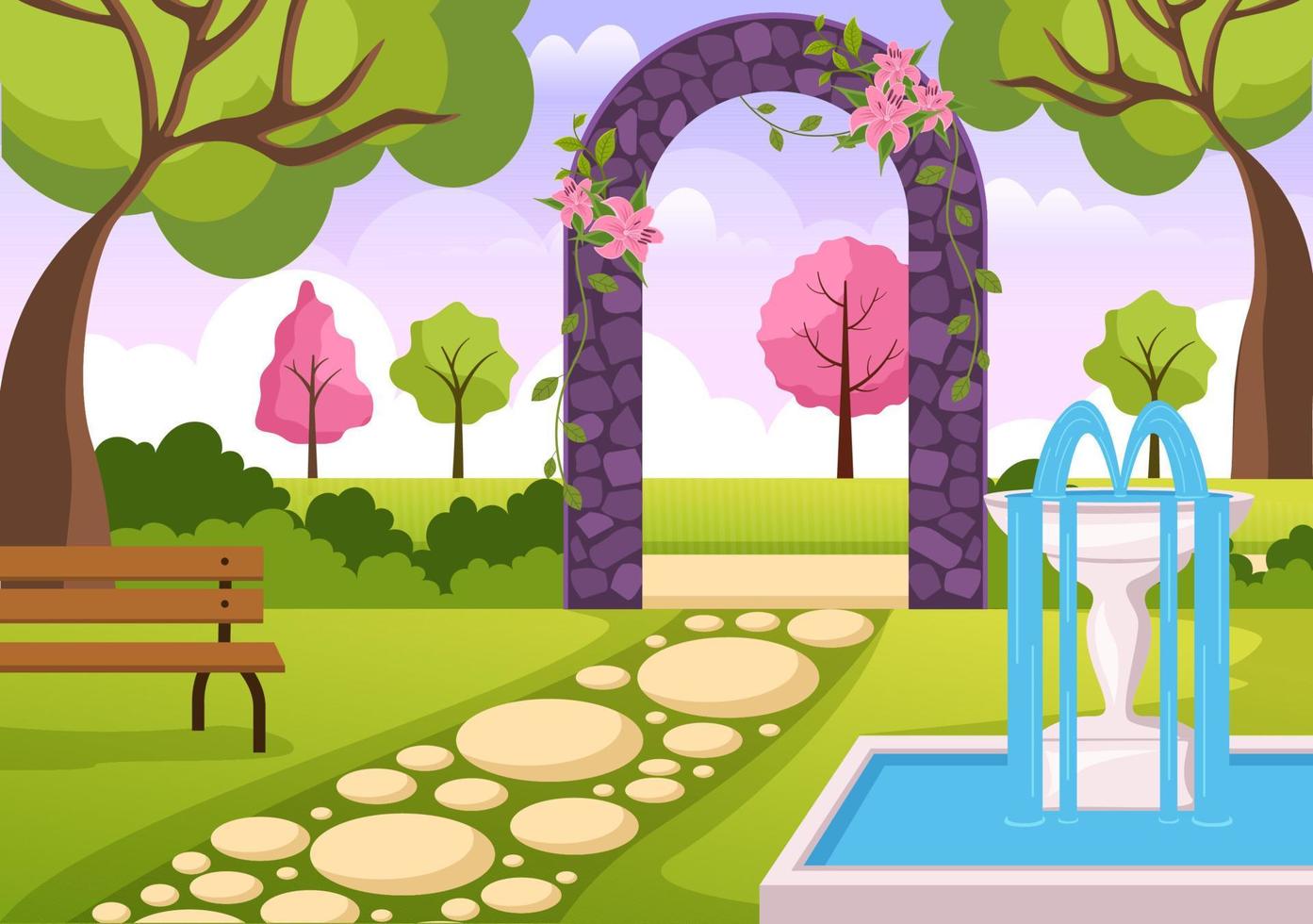 portale con estate paesaggio pietra arco Ingresso per pubblico parco, verde erba o giardino nel piatto cartone animato mano disegnato modello illustrazione vettore