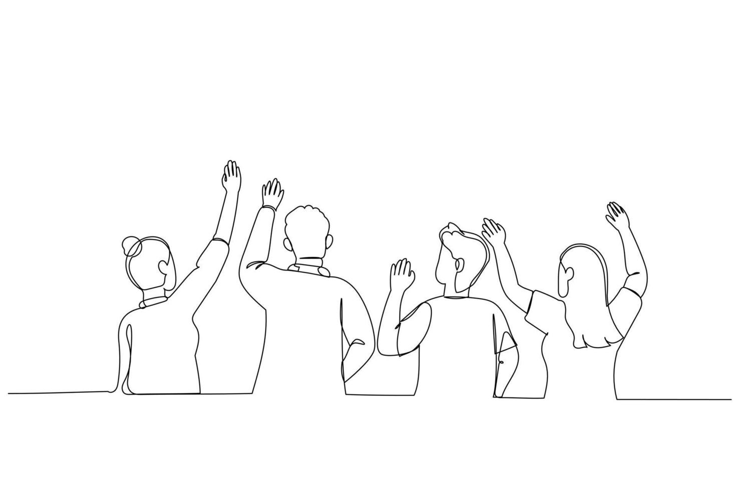 illustrazione di gruppo di persone guardare su e puntamento con dita. singolo continuo linea arte stile vettore