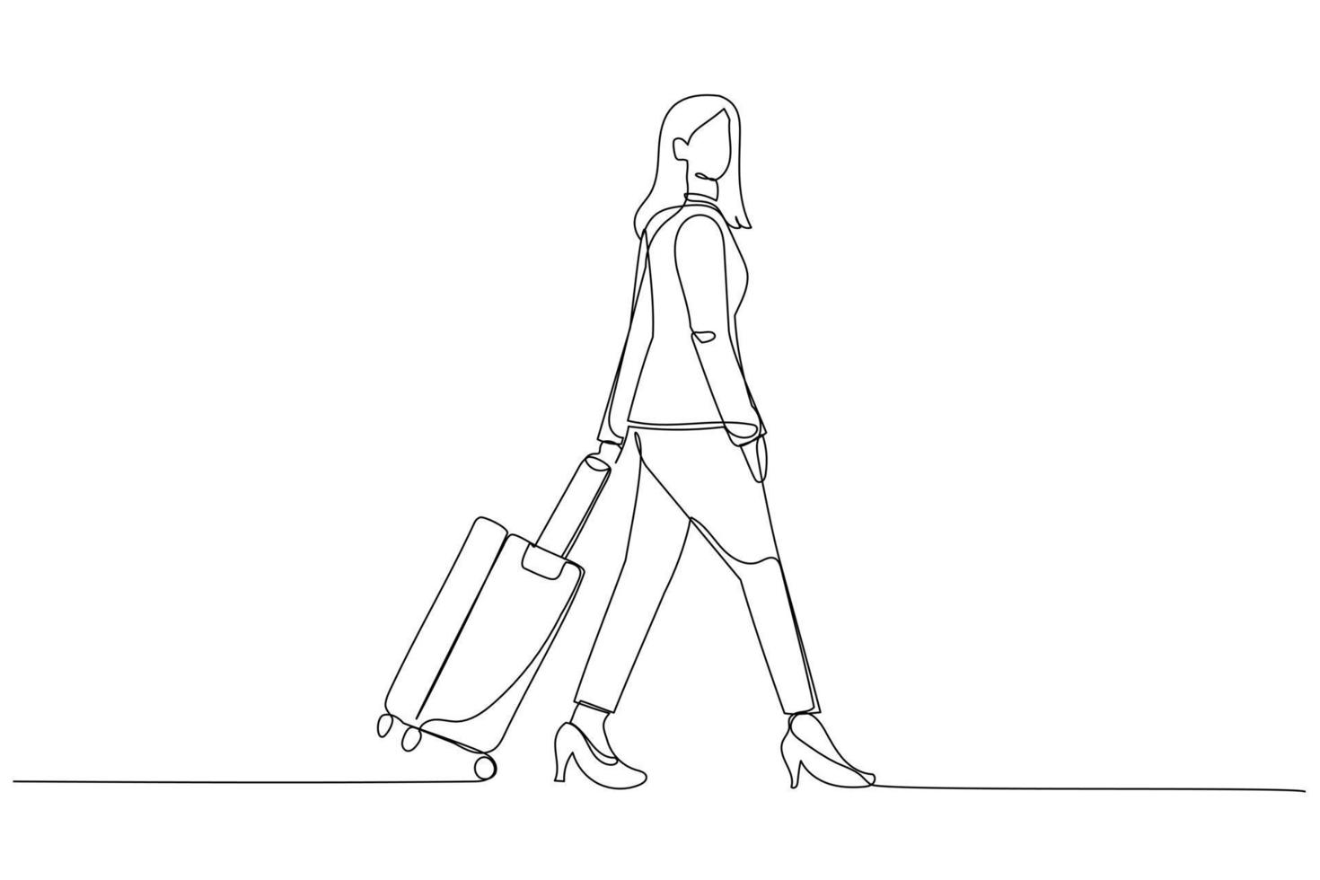 cartone animato di giovane donna d'affari a piedi su il aeroporto. uno continuo linea arte stile vettore
