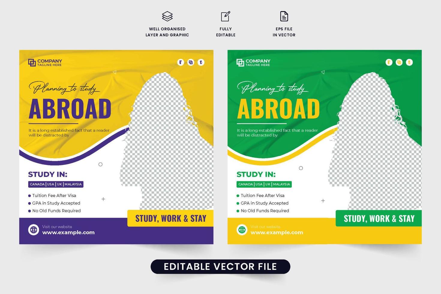 studia all'estero sociale media inviare vettore con viola, verde, e giallo colori. all'estero formazione scolastica promozionale ragnatela bandiera design per marketing. all'estero studia agenzia annuncio pubblicitario modello vettore.