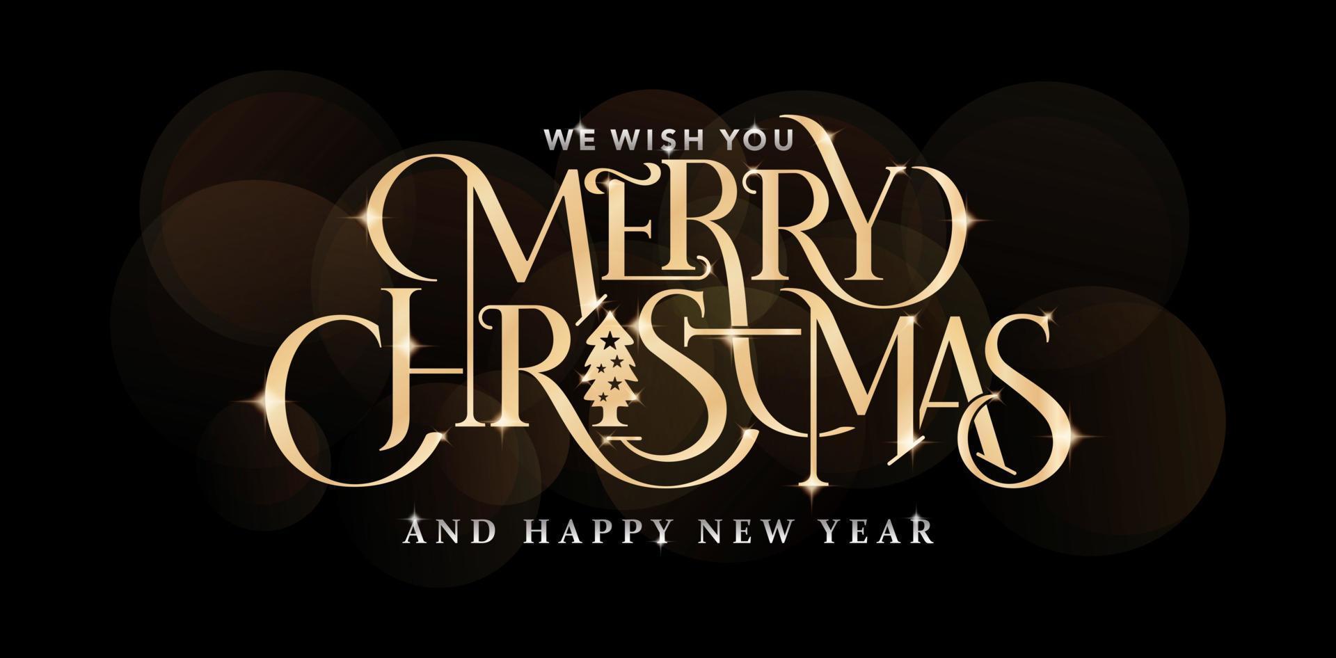 illustrazione di allegro Natale lettering font d'oro colore con isolato nero sfondo e contento nuovo anno, applicabile per saluto carte, invito, cartello e striscioni. vettore