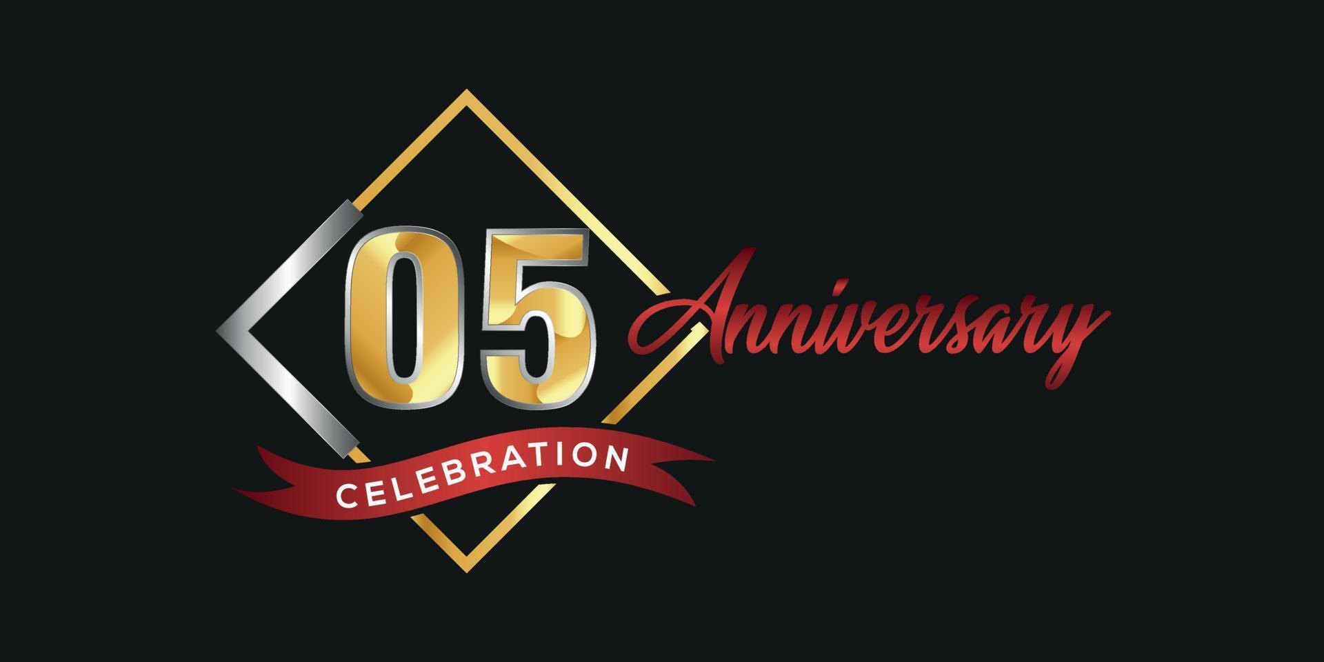 05 anniversario logo con d'oro e argento scatola, coriandoli e rosso nastro isolato su elegante nero sfondo, vettore design per saluto carta e invito carta