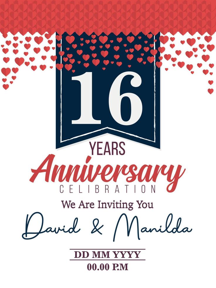 16 ° anni anniversario logo celebrazione con amore per celebrazione evento, compleanno, nozze, saluto carta, e invito vettore