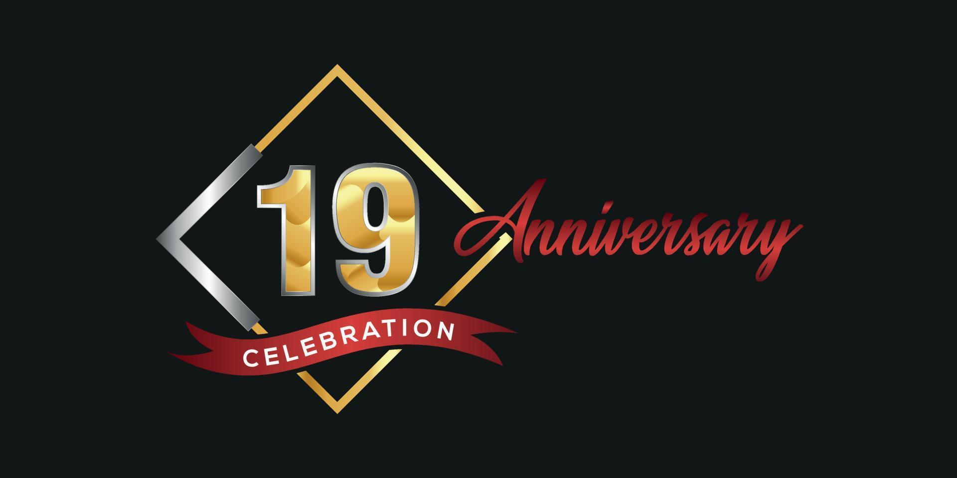 19 anniversario logo con d'oro e argento scatola, coriandoli e rosso nastro isolato su elegante nero sfondo, vettore design per saluto carta e invito carta