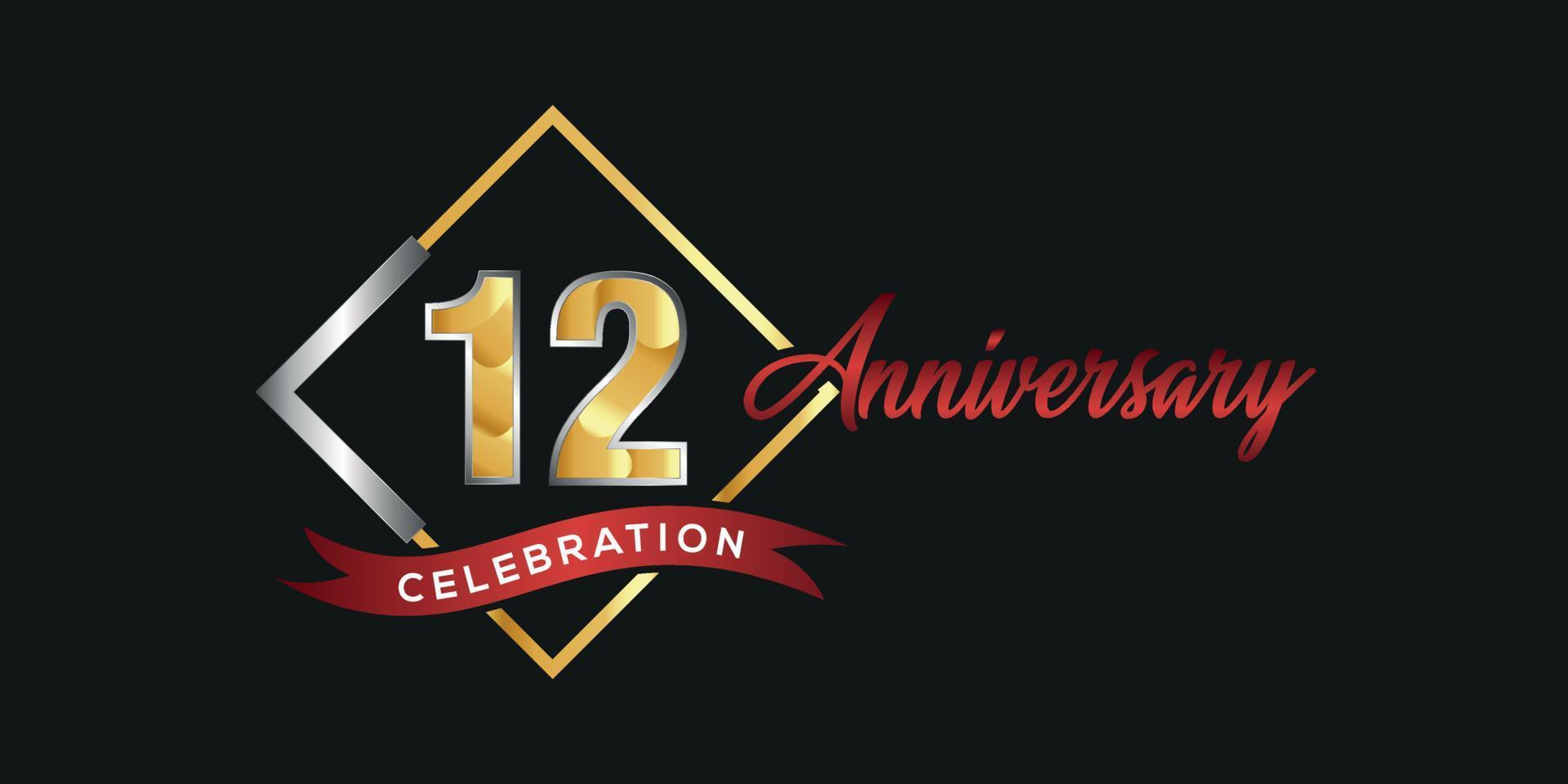 12 ° anniversario logo con d'oro e argento scatola, coriandoli e rosso nastro isolato su elegante nero sfondo, vettore design per saluto carta e invito carta