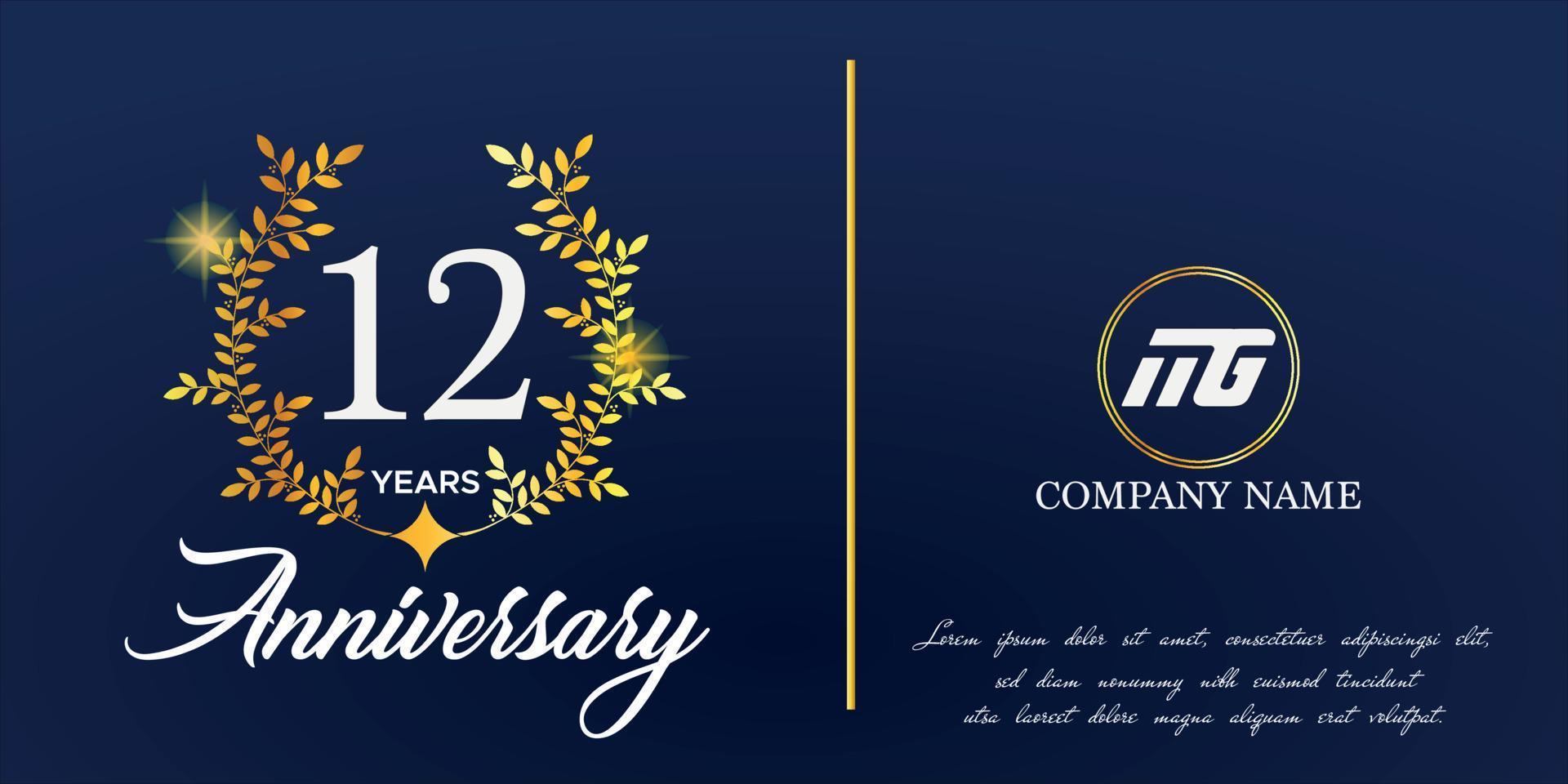 12 ° anniversario logo con elegante ornamento monogramma e logo nome modello su elegante blu sfondo, brillare, vettore design per saluto carta.