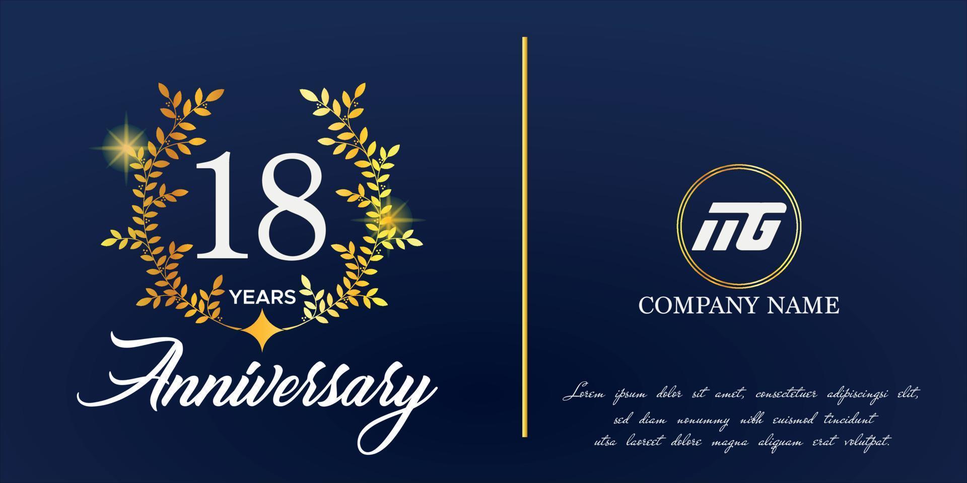 18 ° anniversario logo con elegante ornamento monogramma e logo nome modello su elegante blu sfondo, brillare, vettore design per saluto carta.