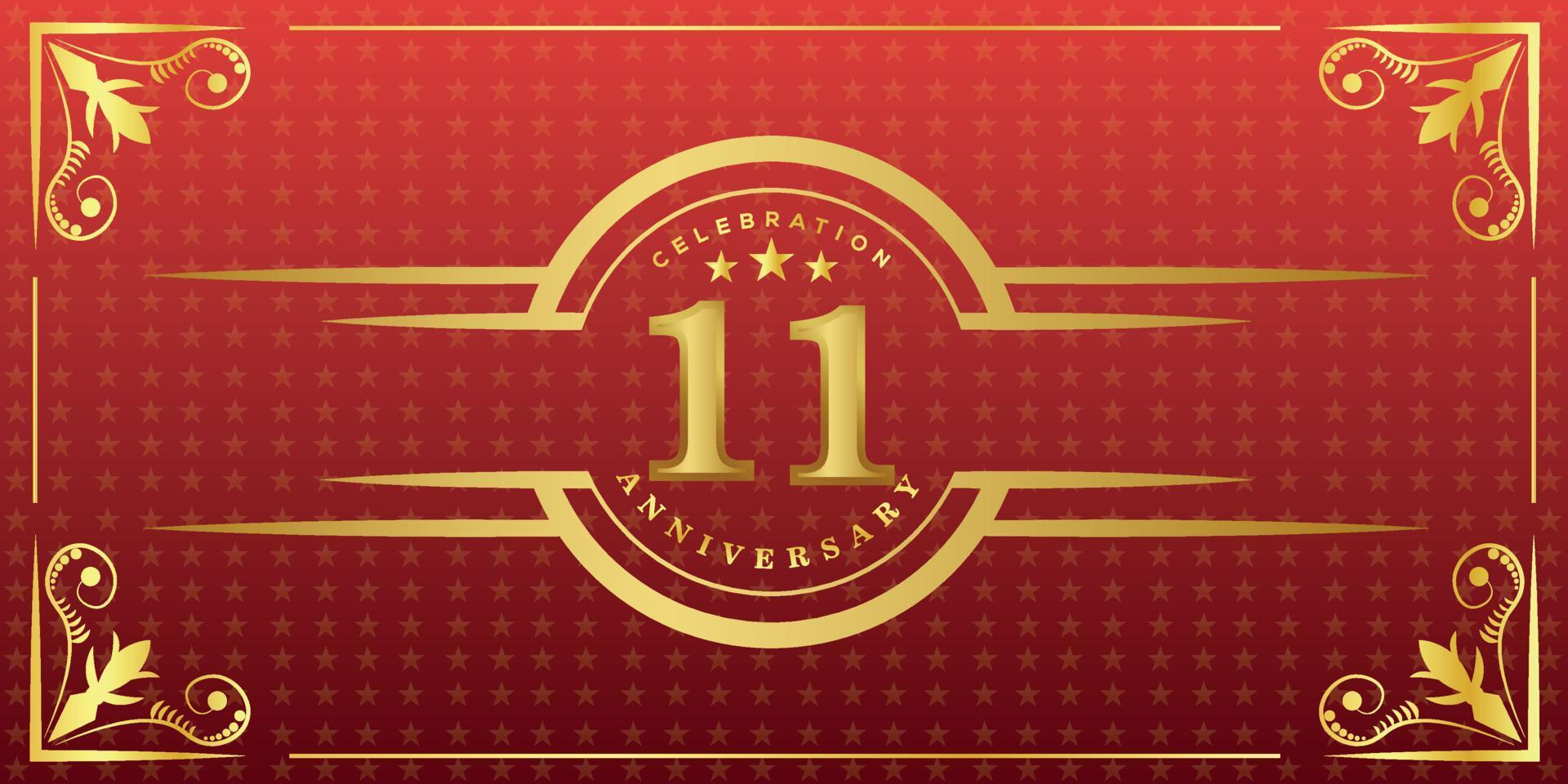 11 ° anniversario logo con d'oro squillo, coriandoli e oro confine isolato su elegante rosso sfondo, brillare, vettore design per saluto carta e invito carta