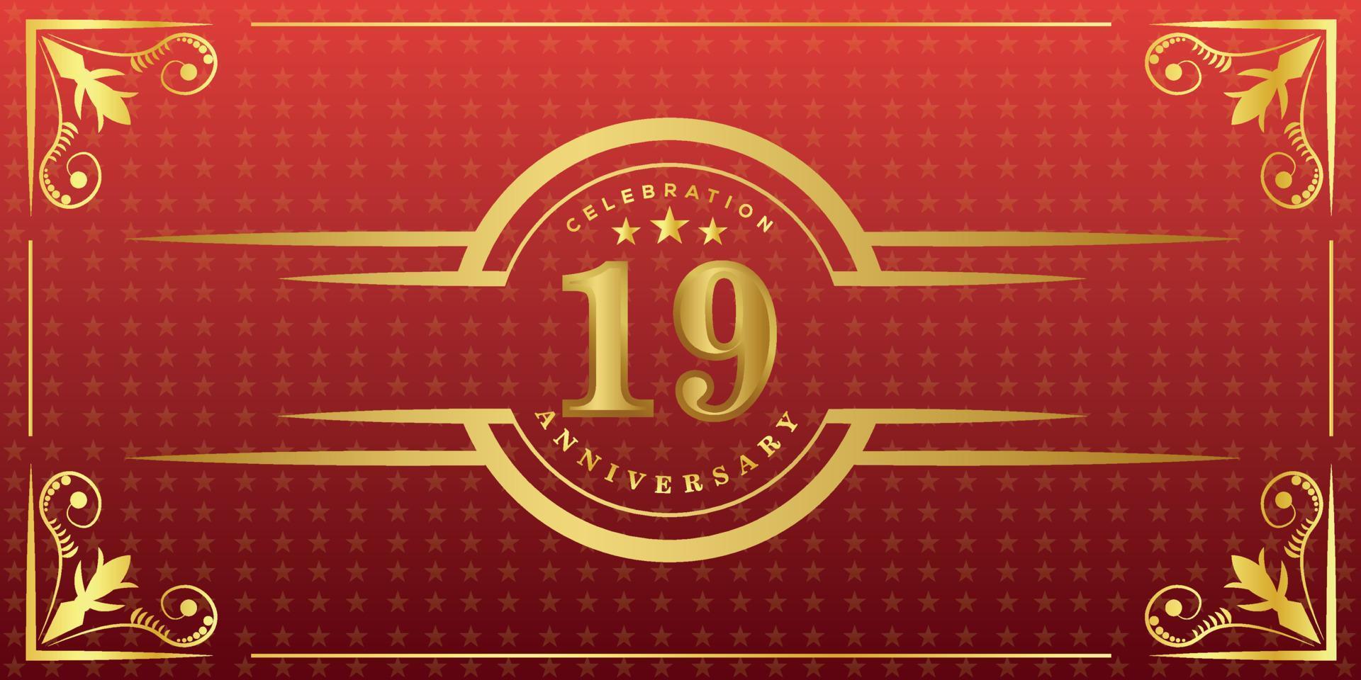 19 anniversario logo con d'oro squillo, coriandoli e oro confine isolato su elegante rosso sfondo, brillare, vettore design per saluto carta e invito carta