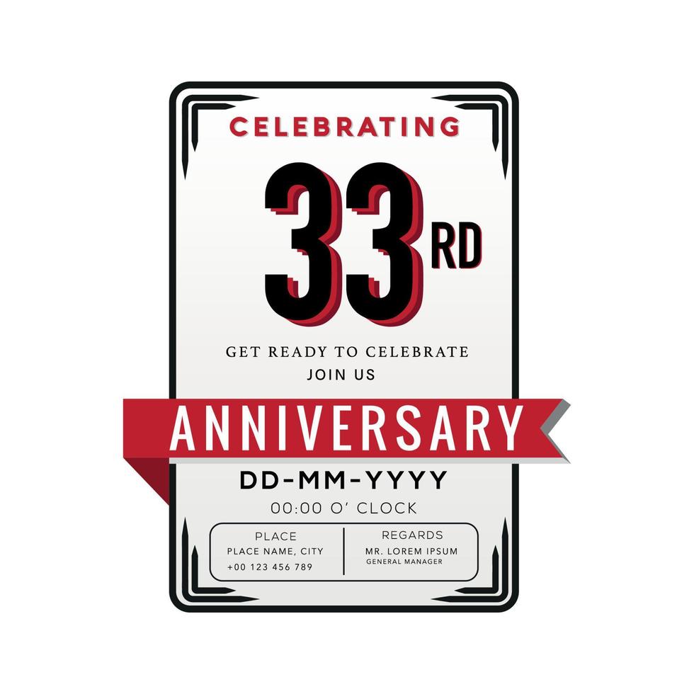 33 anni anniversario logo celebrazione e invito carta con rosso nastro isolato su bianca sfondo vettore