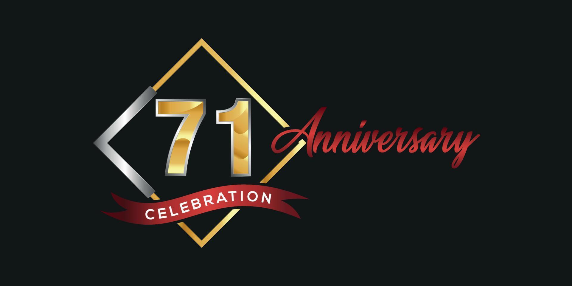 71° anniversario logo con d'oro e argento scatola, coriandoli e rosso nastro isolato su elegante nero sfondo, vettore design per saluto carta e invito carta