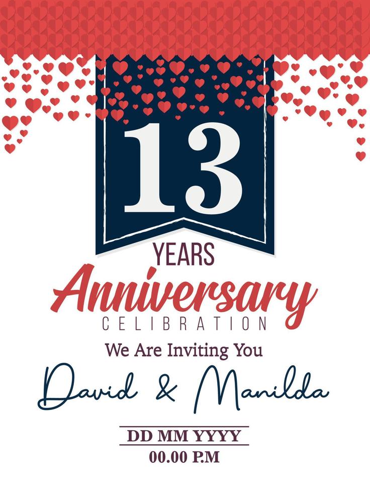 13 ° anni anniversario logo celebrazione con amore per celebrazione evento, compleanno, nozze, saluto carta, e invito vettore